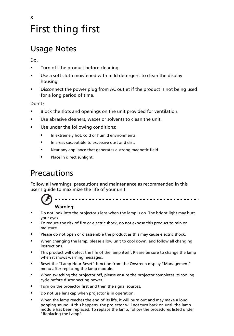 First thing first, Usage notes, Precautions | Acer X1160 User Manual | Page 10 / 53