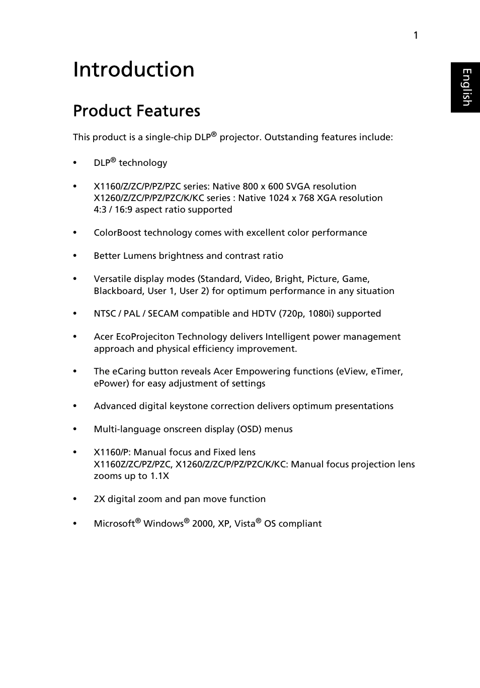 Introduction, Product features | Acer X1160 User Manual | Page 13 / 53