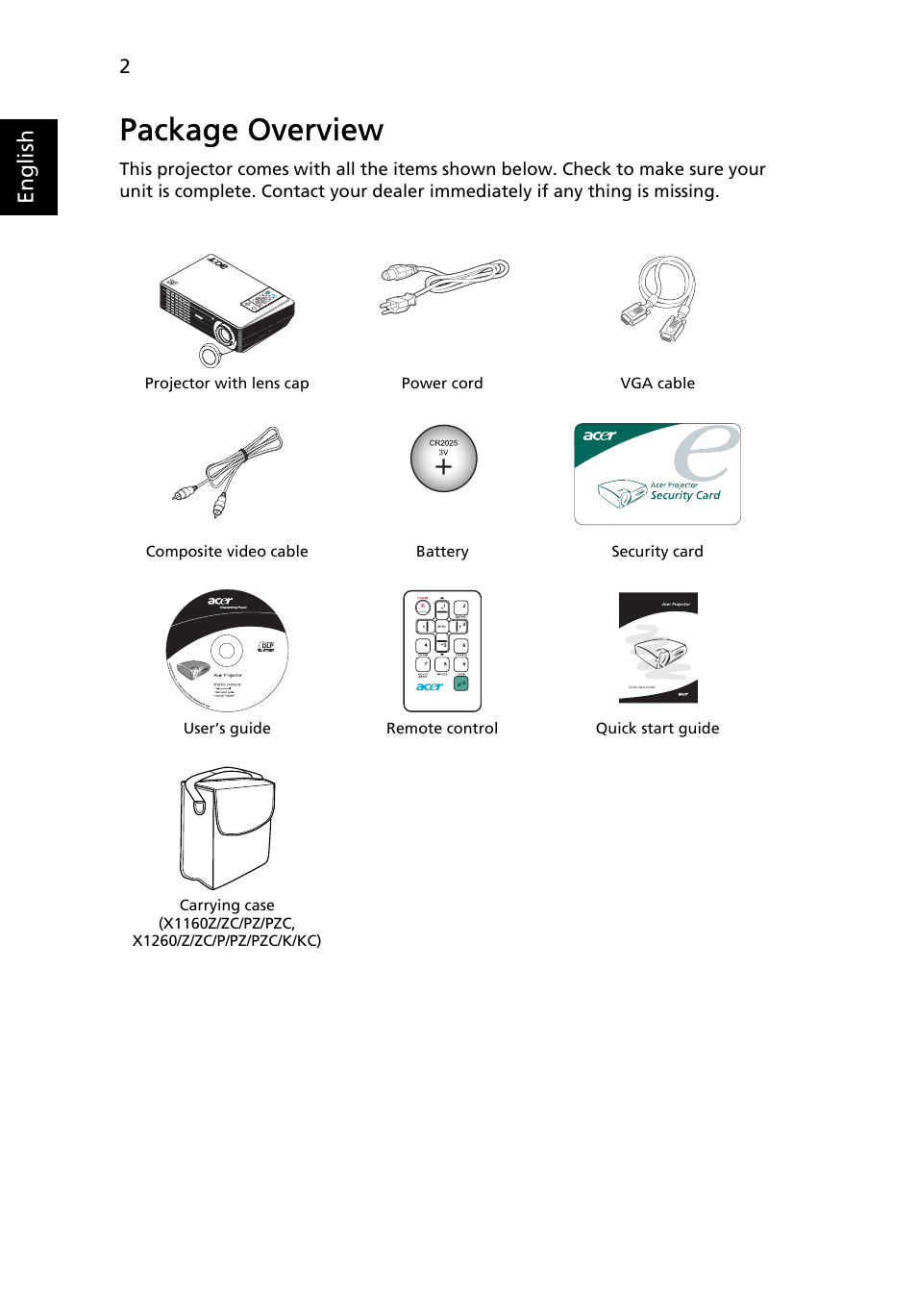 Package overview, English | Acer X1160 User Manual | Page 14 / 53