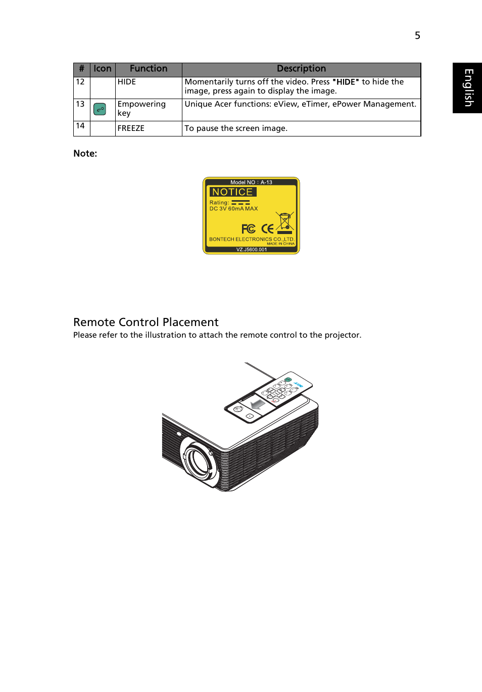 Eng lis h, Remote control placement | Acer X1160 User Manual | Page 17 / 53