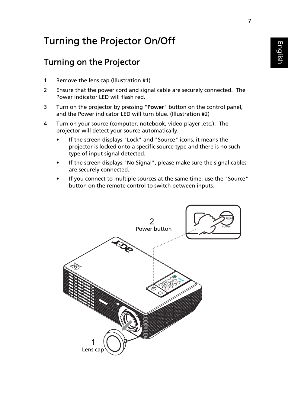 Turning the projector on/off, Turning on the projector | Acer X1160 User Manual | Page 19 / 53