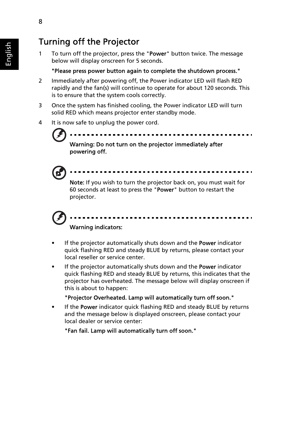 Turning off the projector | Acer X1160 User Manual | Page 20 / 53