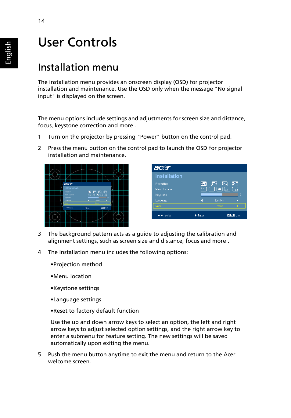 User controls, Installation menu | Acer X1160 User Manual | Page 26 / 53