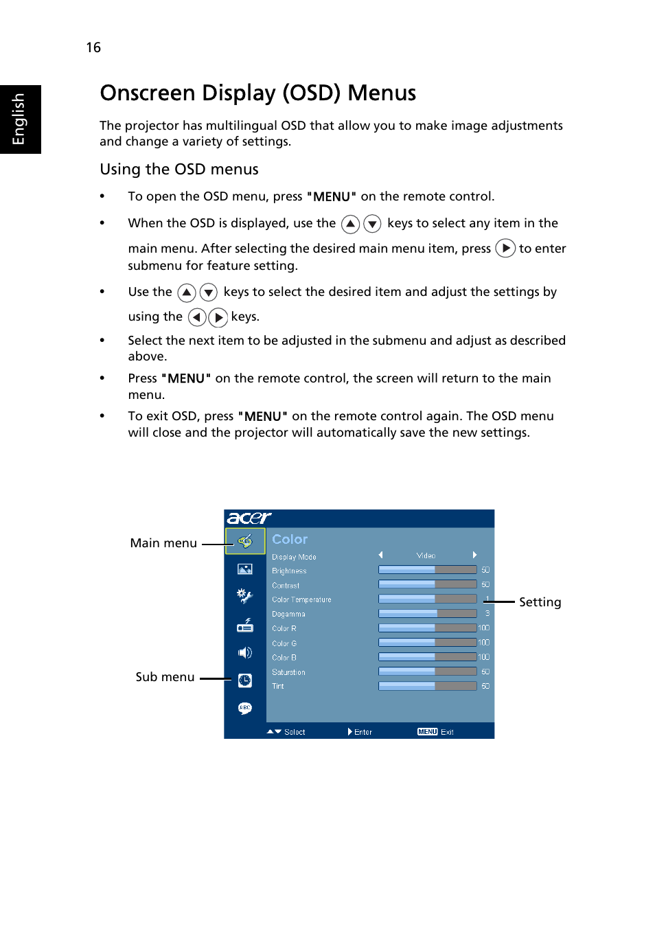 Onscreen display (osd) menus | Acer X1160 User Manual | Page 28 / 53