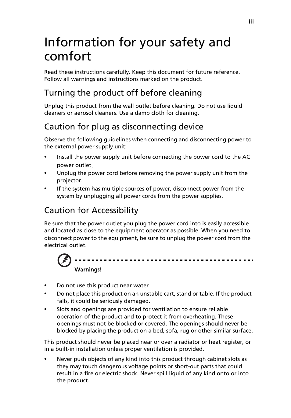 Information for your safety and comfort, Turning the product off before cleaning, Caution for plug as disconnecting device | Caution for accessibility | Acer X1160 User Manual | Page 3 / 53