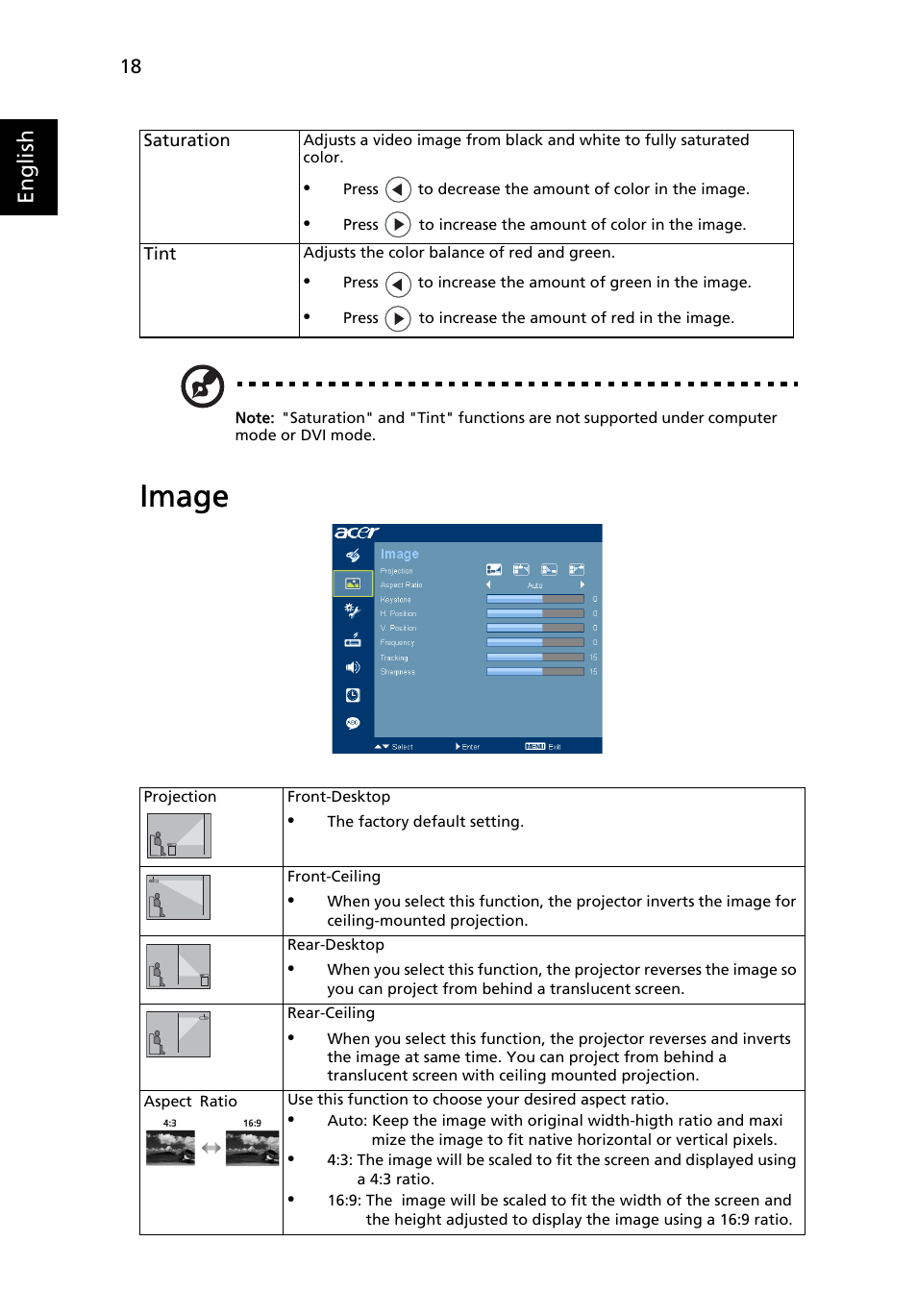 Image, English | Acer X1160 User Manual | Page 30 / 53