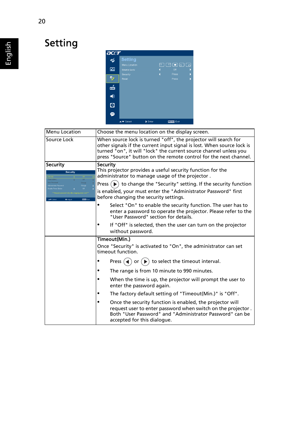 Setting, English | Acer X1160 User Manual | Page 32 / 53