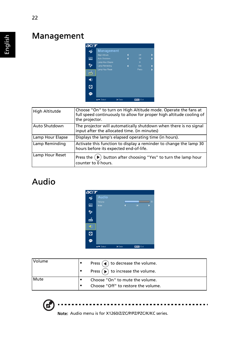 Management, Audio, Management audio | English | Acer X1160 User Manual | Page 34 / 53