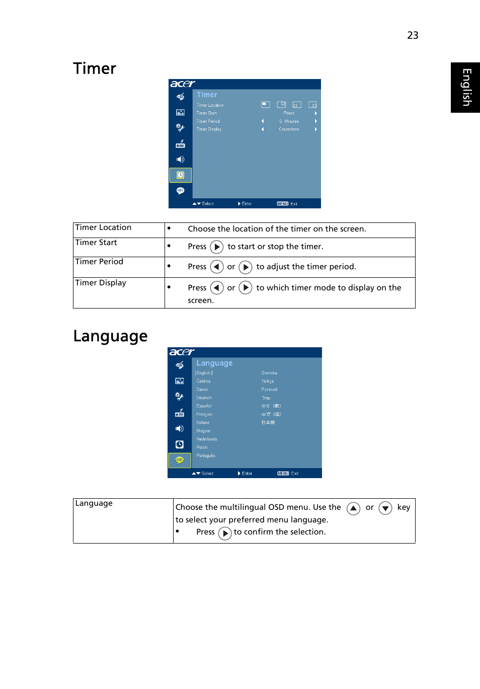 Language, Timer language, Eng lis h | Acer X1160 User Manual | Page 35 / 53