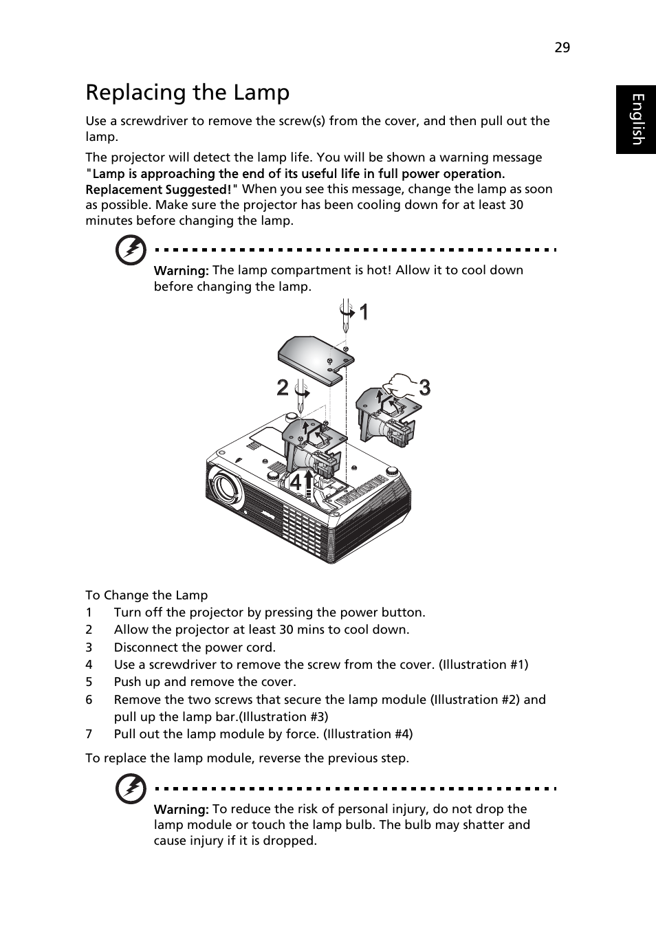 Replacing the lamp | Acer X1160 User Manual | Page 41 / 53