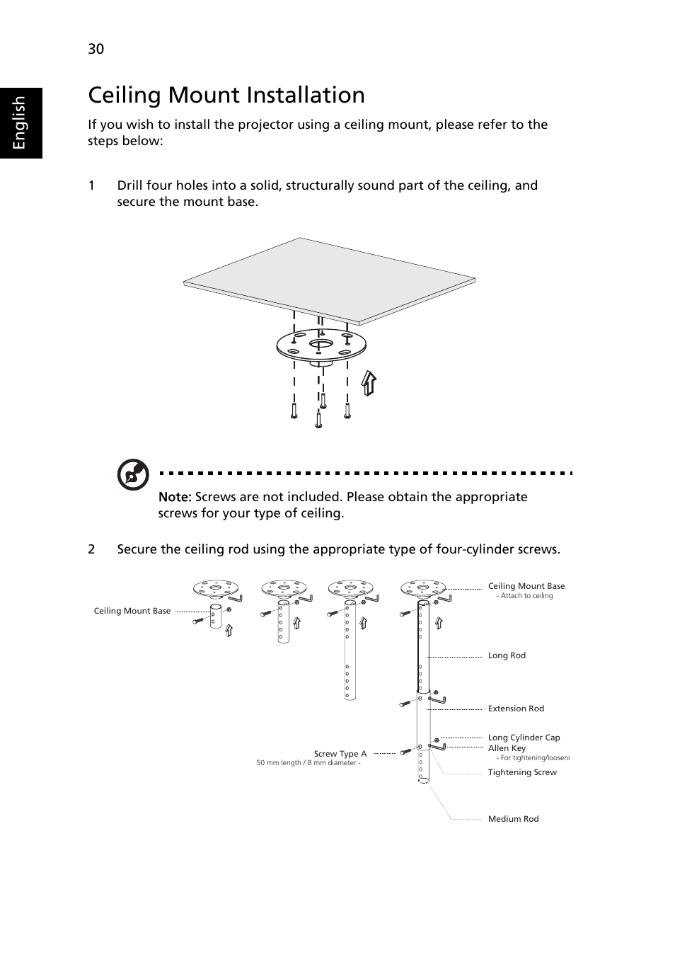 Ceiling mount installation, English | Acer X1160 User Manual | Page 42 / 53