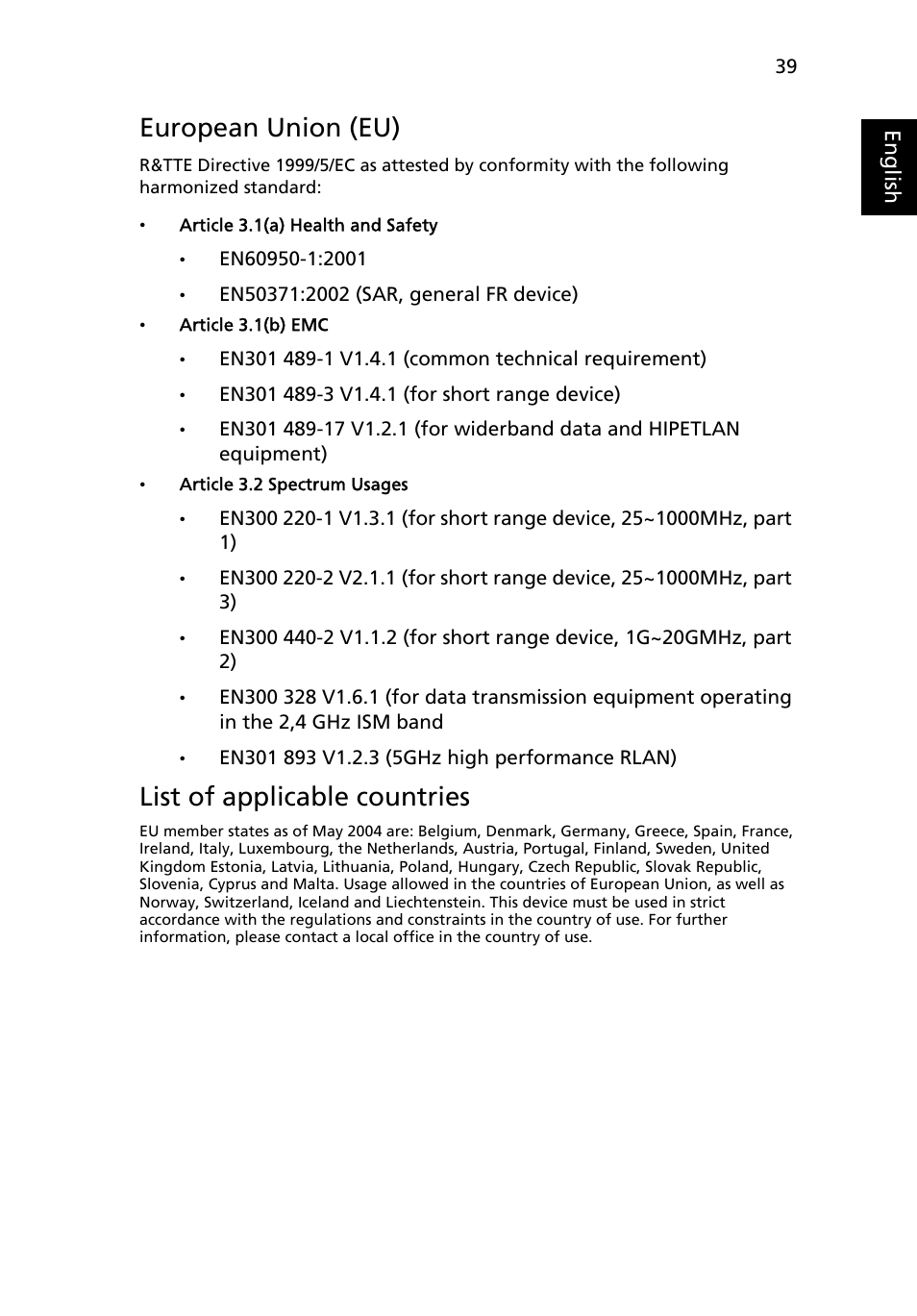 European union (eu), List of applicable countries | Acer X1160 User Manual | Page 51 / 53