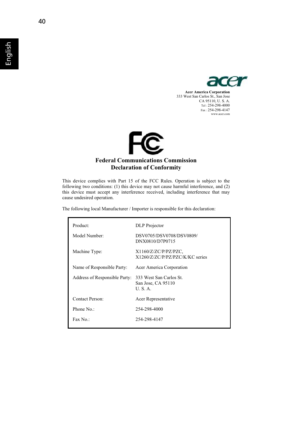 English | Acer X1160 User Manual | Page 52 / 53