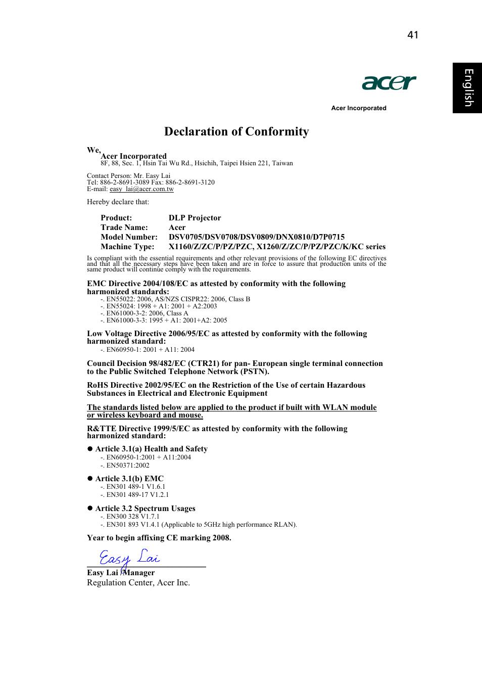 Declaration of conformity, Eng lish eng lis h | Acer X1160 User Manual | Page 53 / 53