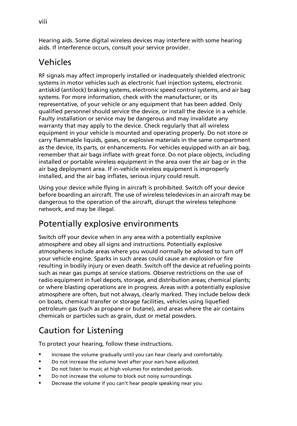 Vehicles, Potentially explosive environments, Caution for listening | Acer X1160 User Manual | Page 8 / 53