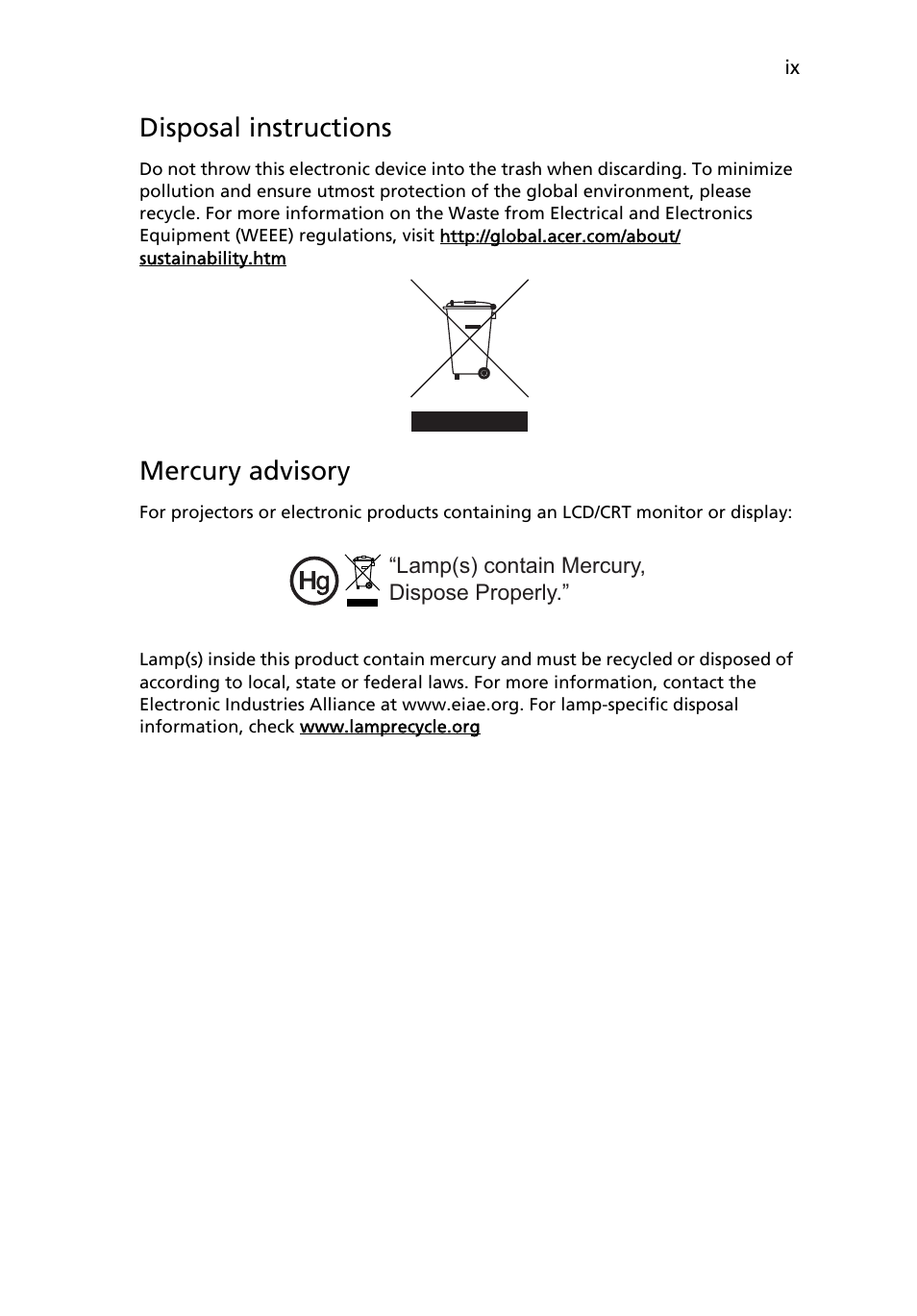 Disposal instructions, Mercury advisory | Acer X1160 User Manual | Page 9 / 53