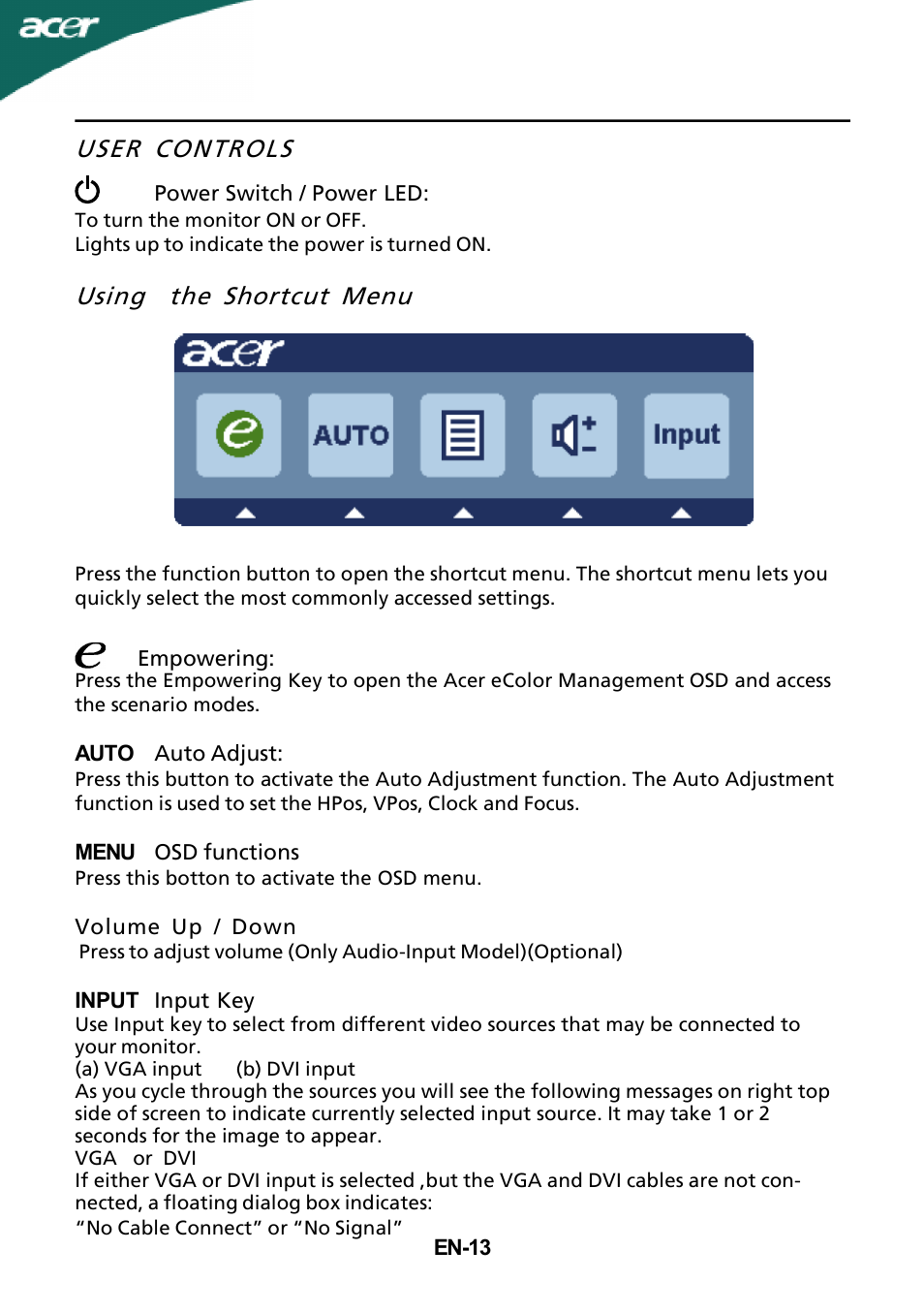User controls, Using the shortcut menu | Acer P206HV User Manual | Page 14 / 23