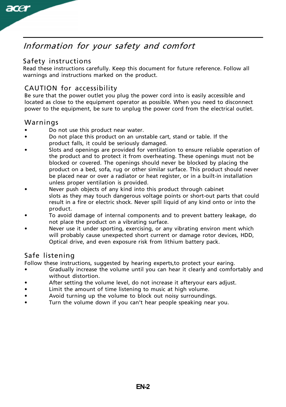 Information for your safety and, Comfort | Acer P206HV User Manual | Page 3 / 23