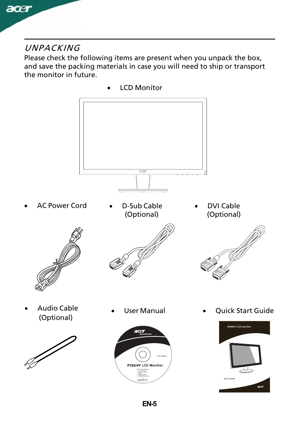 Unpacking | Acer P206HV User Manual | Page 6 / 23