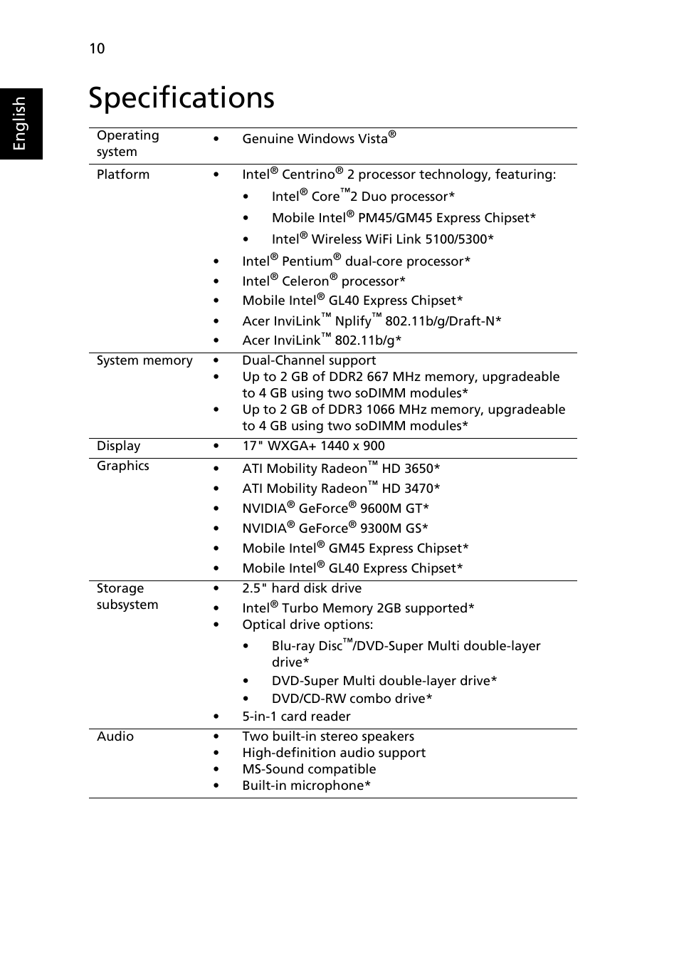Specifications, English | Acer Extensa 7630EZ User Manual | Page 10 / 12