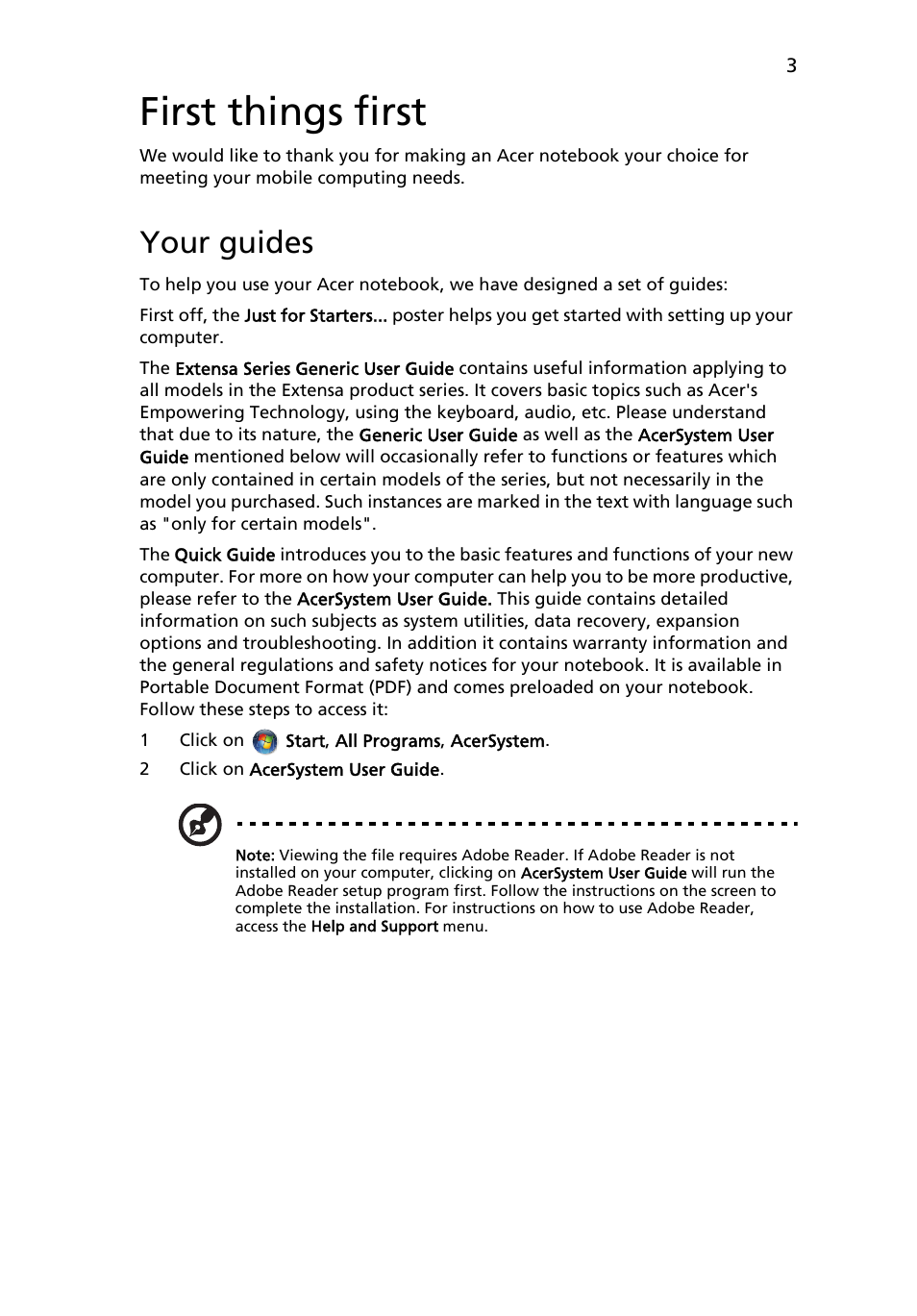 First things first, Your guides | Acer Extensa 7630EZ User Manual | Page 3 / 12