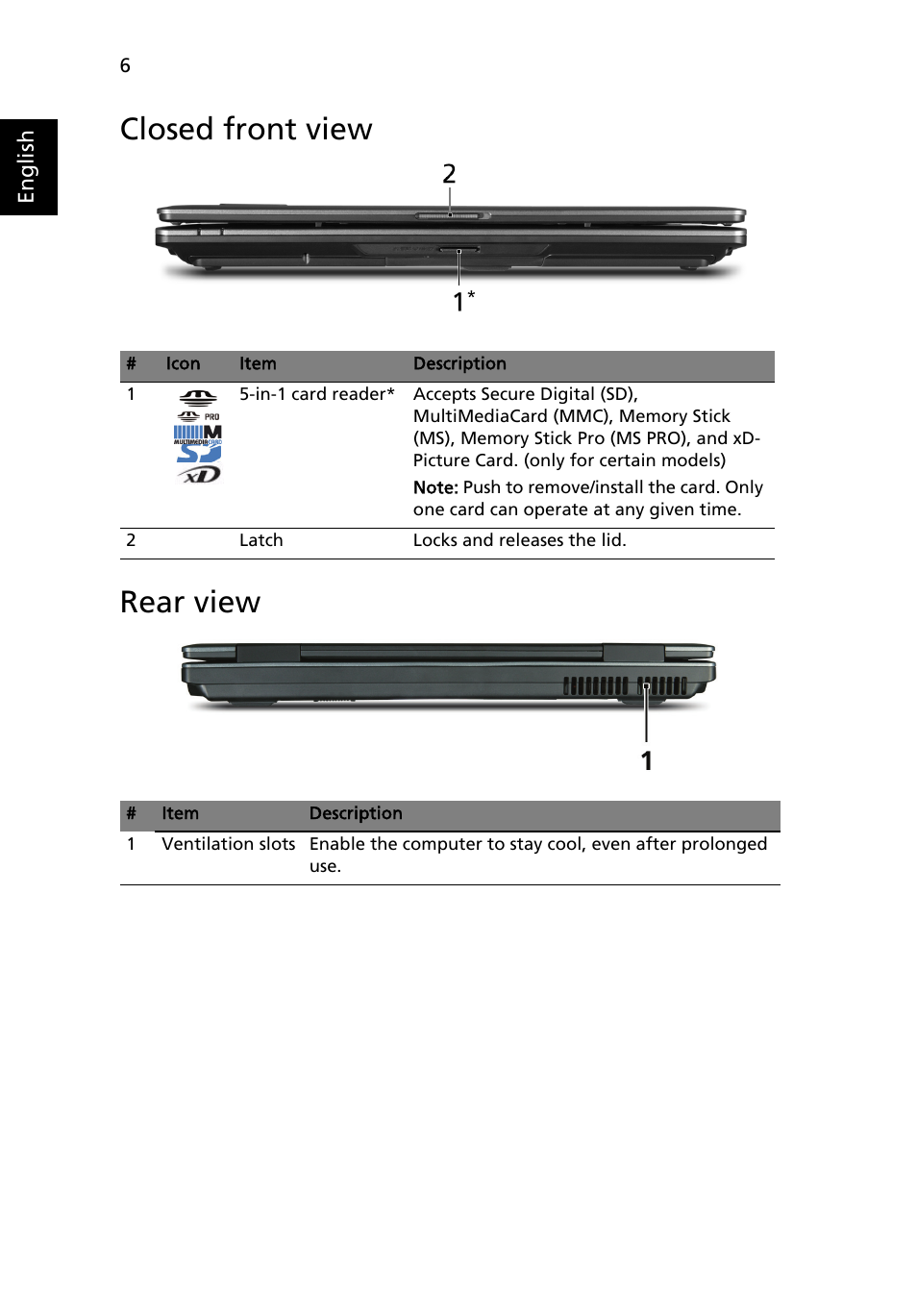 Closed front view, Rear view, Closed front view rear view | Acer Extensa 7630EZ User Manual | Page 6 / 12