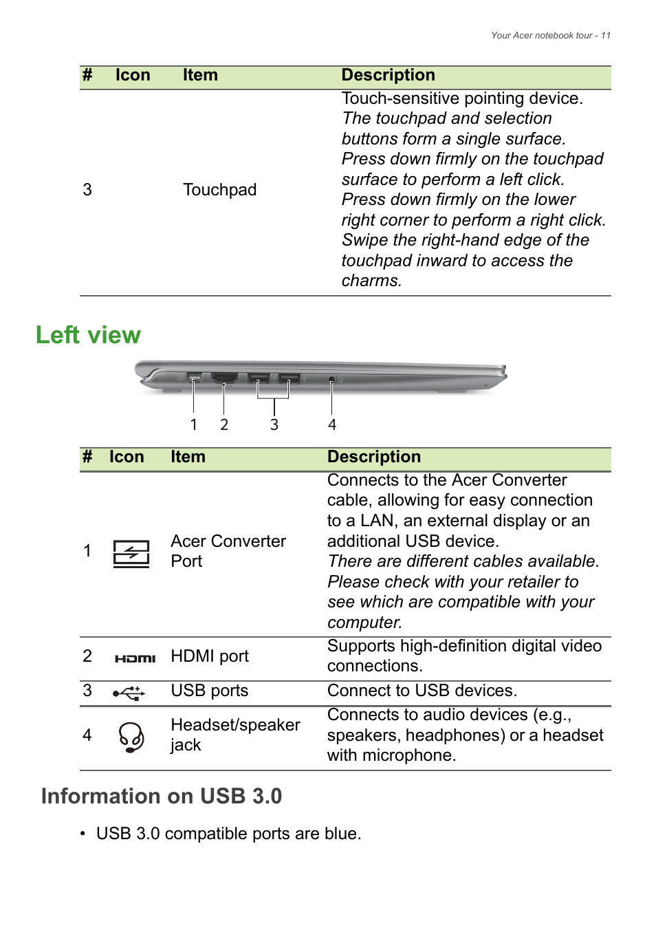 Left view, Information on usb 3.0 | Acer Aspire S3-392 User Manual | Page 11 / 91