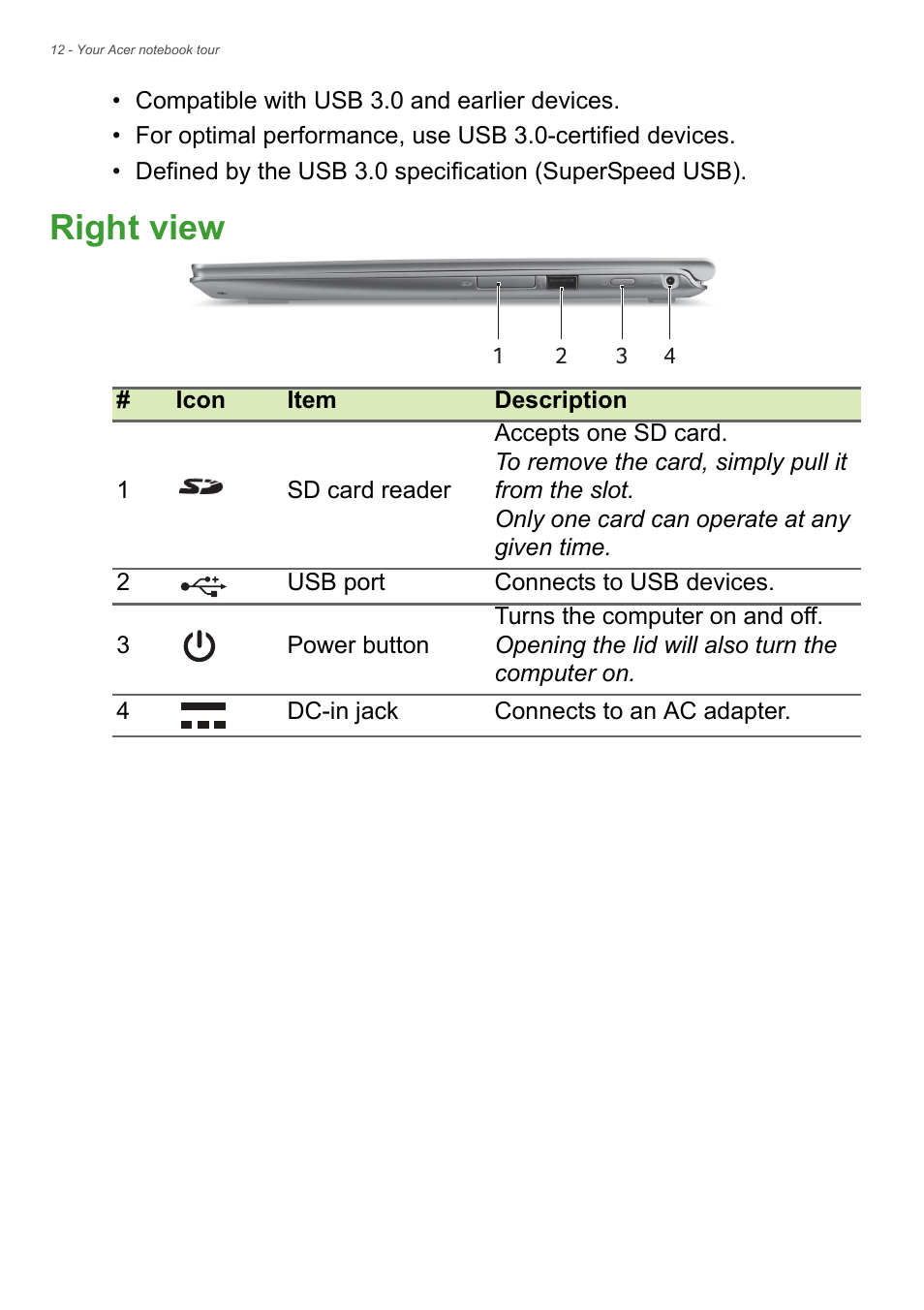 Right view | Acer Aspire S3-392 User Manual | Page 12 / 91