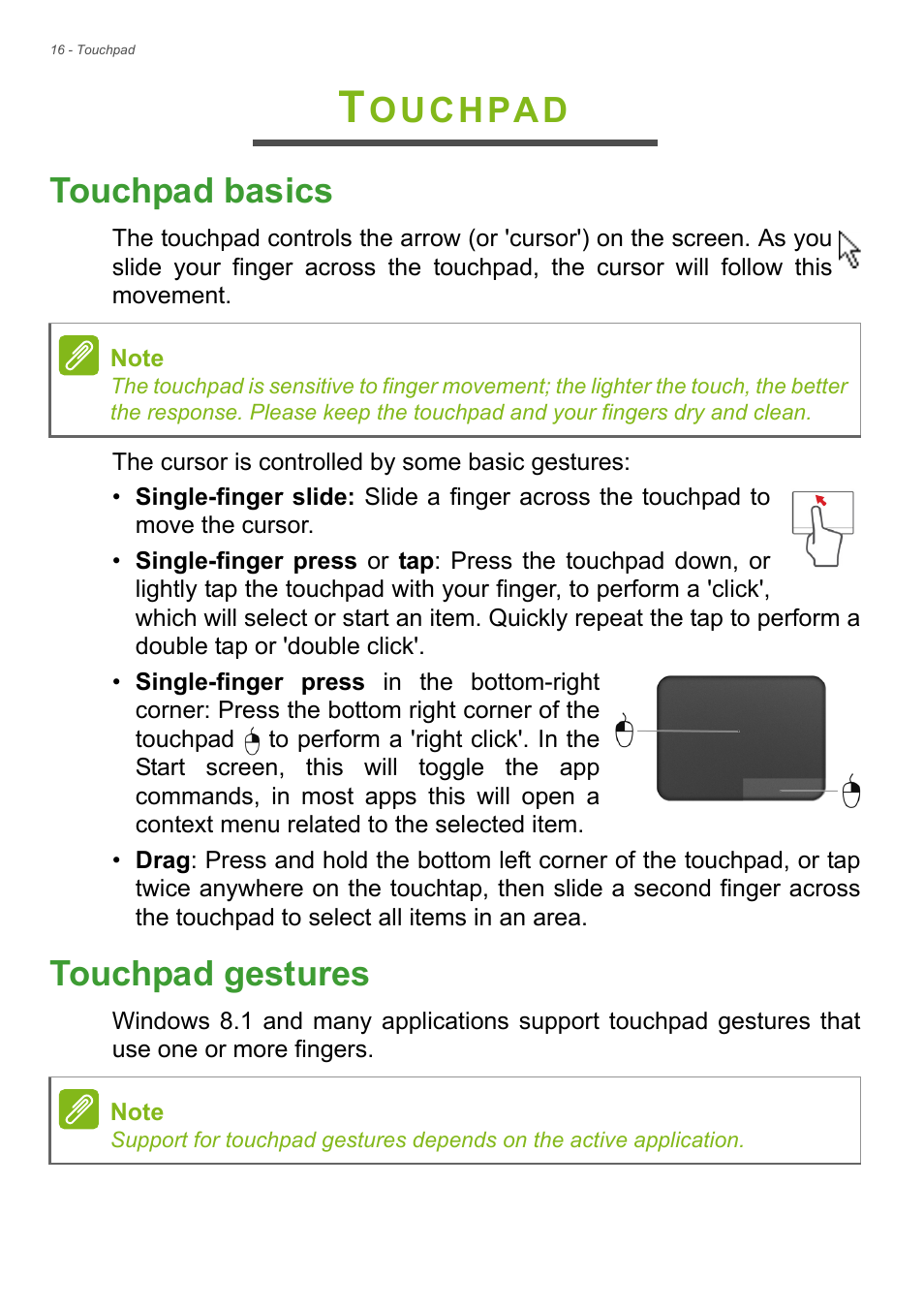 Touchpad, Touchpad basics, Touchpad gestures | Touchpad basics touchpad gestures, Ouchpad touchpad basics | Acer Aspire S3-392 User Manual | Page 16 / 91