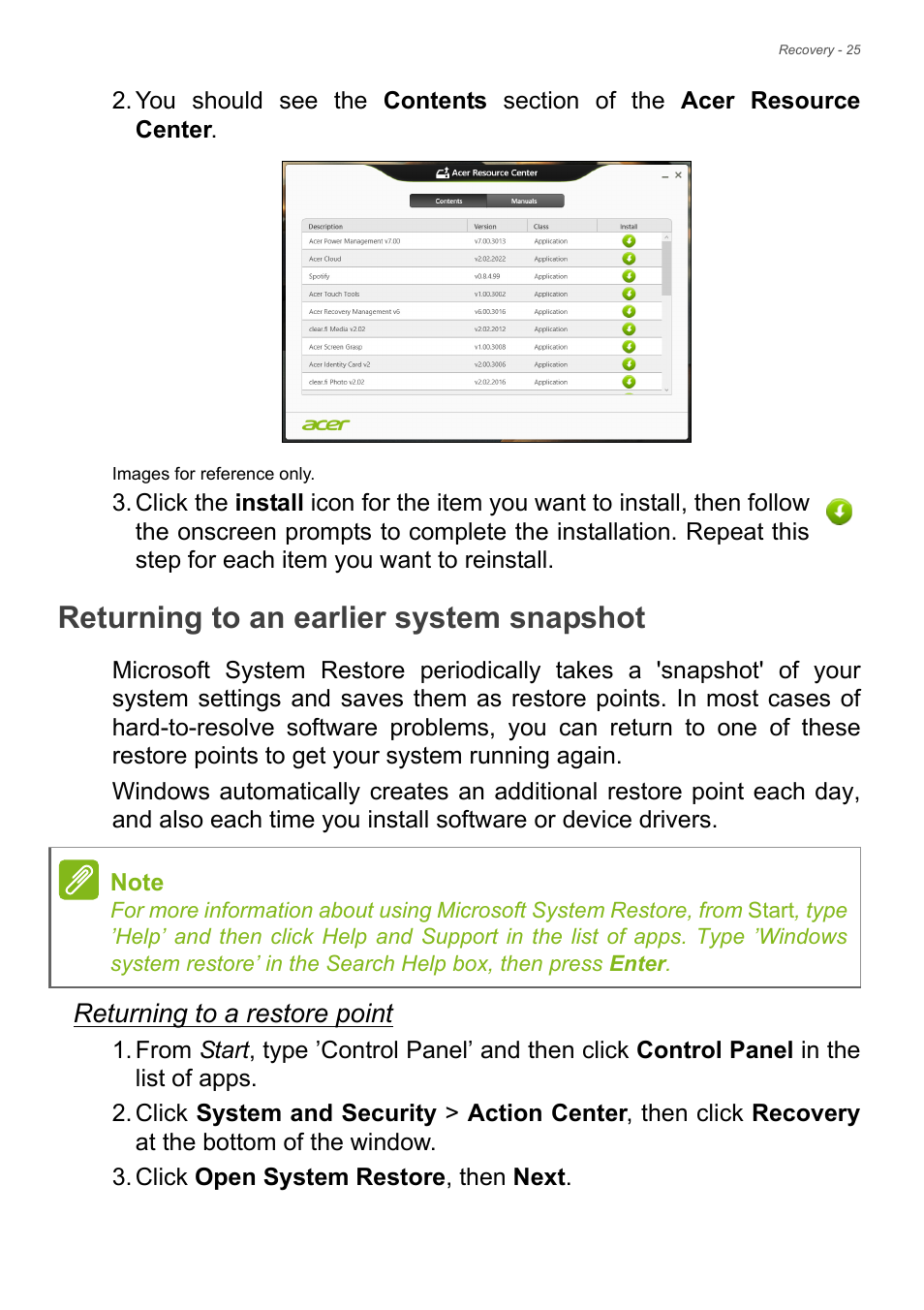 Returning to an earlier system snapshot, See returning to an earlier system snapshot on, Returning to a restore point | Acer Aspire S3-392 User Manual | Page 25 / 91
