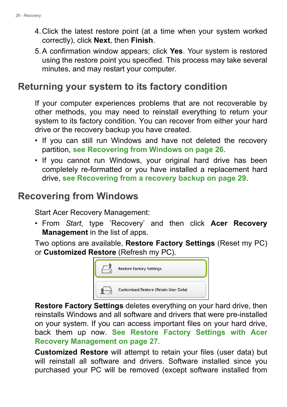 Returning your system to its factory condition, Recovering from windows, See returning your | See returning your system to its | Acer Aspire S3-392 User Manual | Page 26 / 91