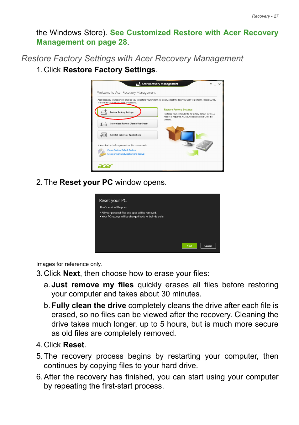 Back them up now, See restore factory settings with acer | Acer Aspire S3-392 User Manual | Page 27 / 91