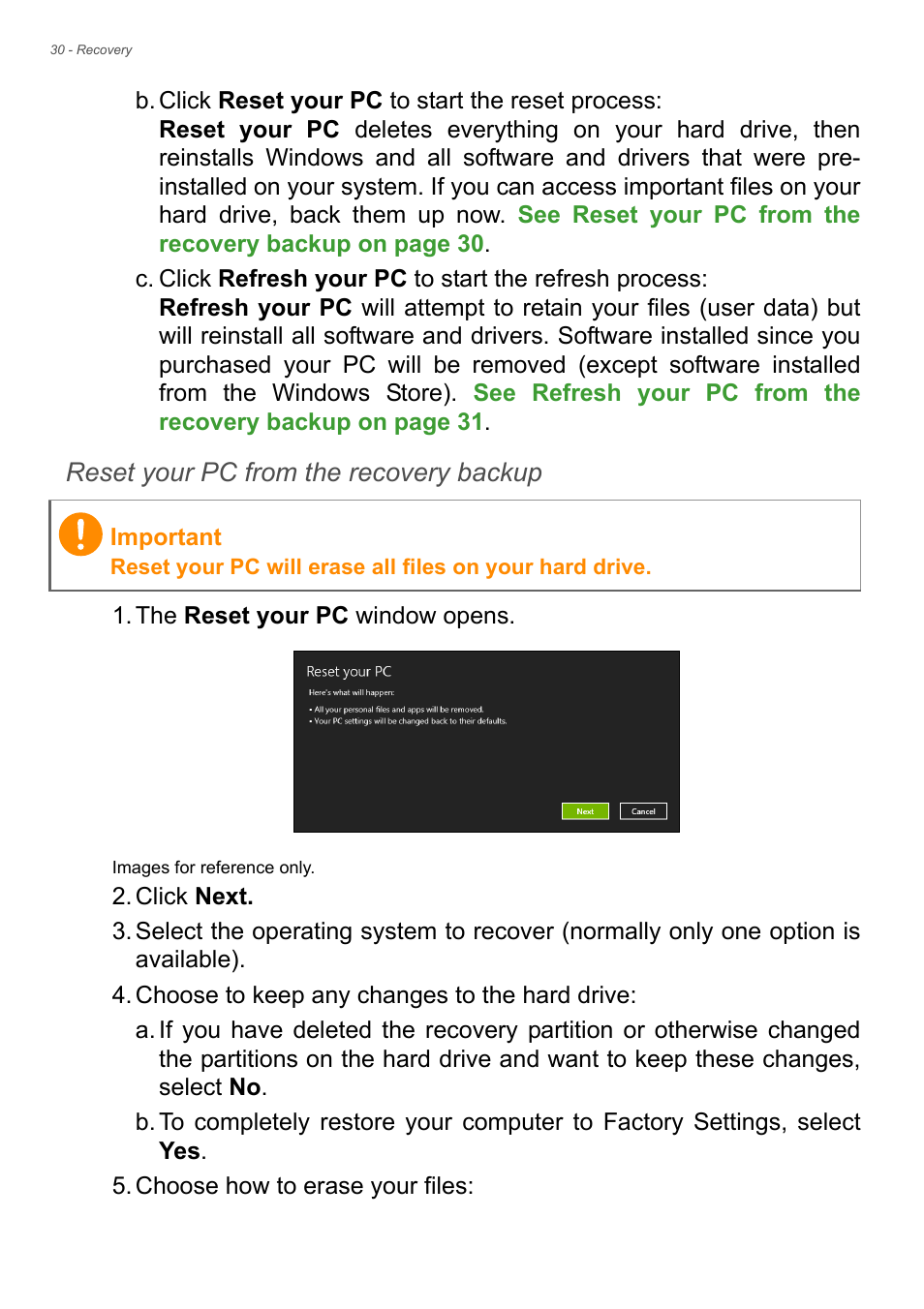 Reset your pc from the recovery backup | Acer Aspire S3-392 User Manual | Page 30 / 91