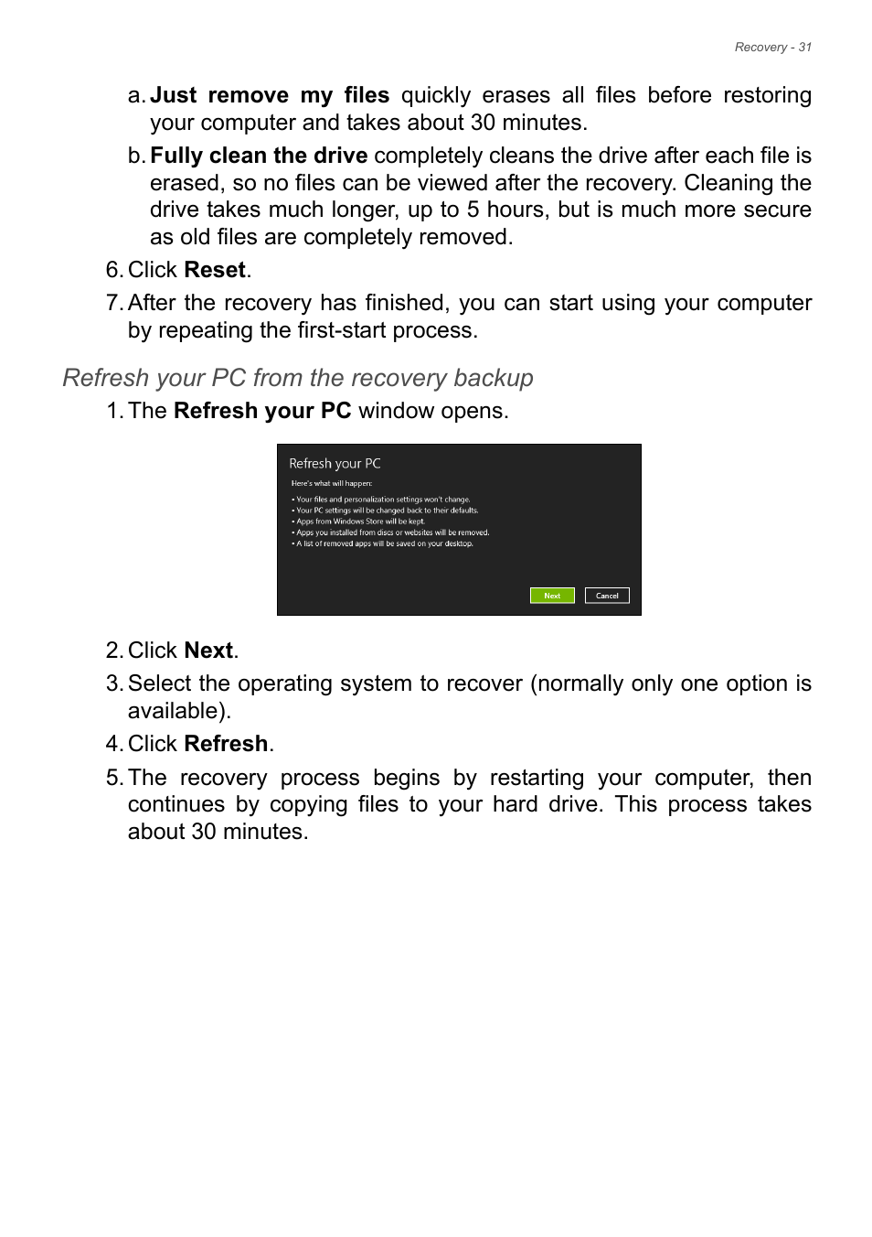 See refresh your pc from the, Refresh your pc from the recovery backup | Acer Aspire S3-392 User Manual | Page 31 / 91