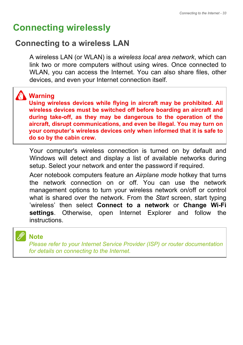 Connecting wirelessly, Connecting to a wireless lan | Acer Aspire S3-392 User Manual | Page 33 / 91