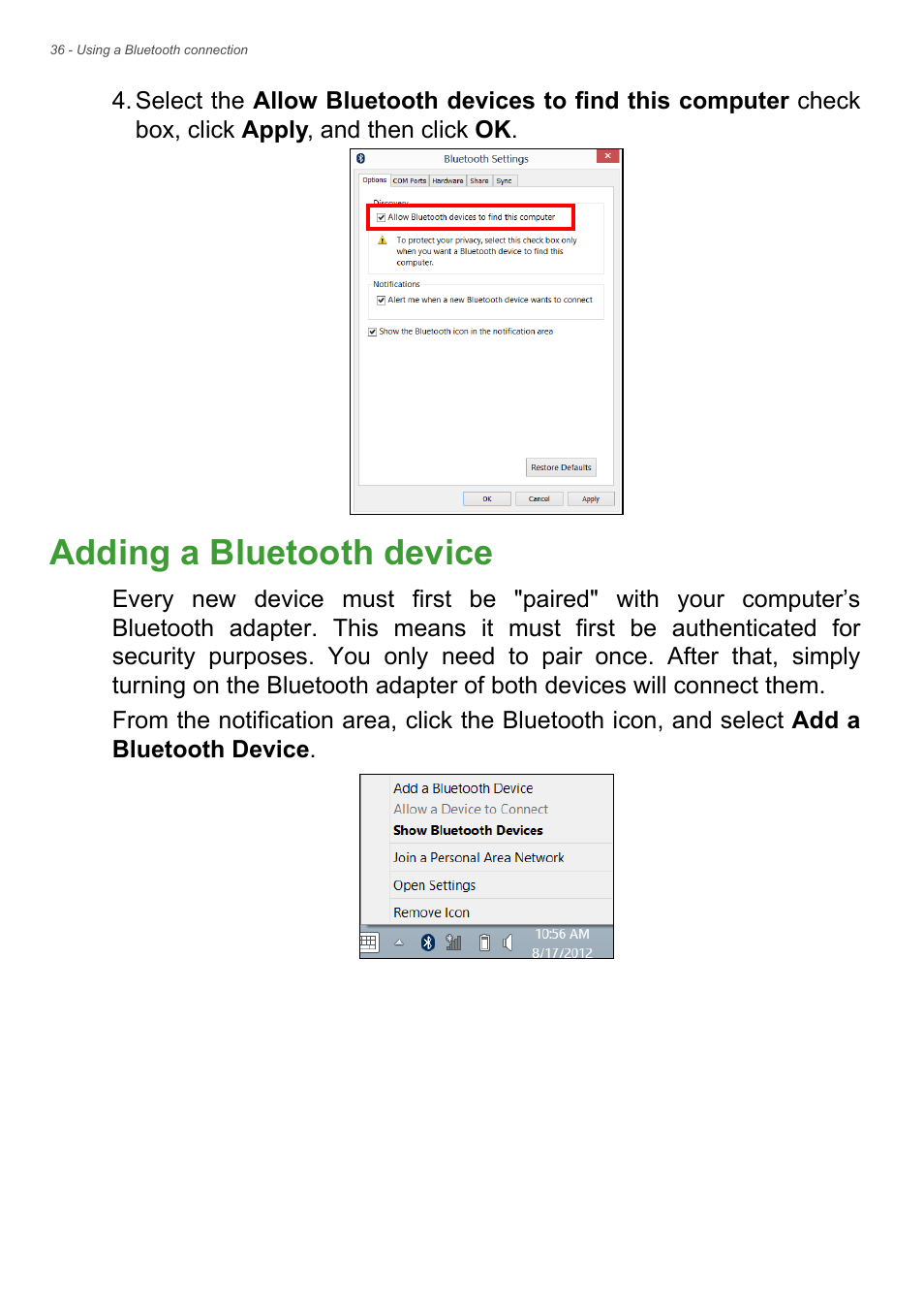 Adding a bluetooth device | Acer Aspire S3-392 User Manual | Page 36 / 91