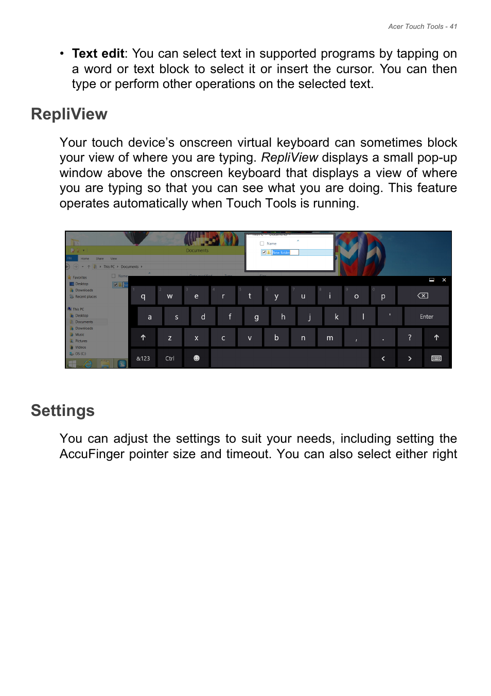 Repliview, Settings, Repliview settings | Acer Aspire S3-392 User Manual | Page 41 / 91