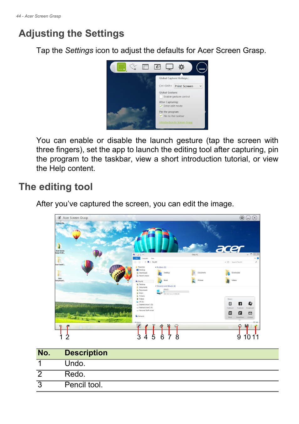 Adjusting the settings, The editing tool, Adjusting the settings the editing tool | Acer Aspire S3-392 User Manual | Page 44 / 91