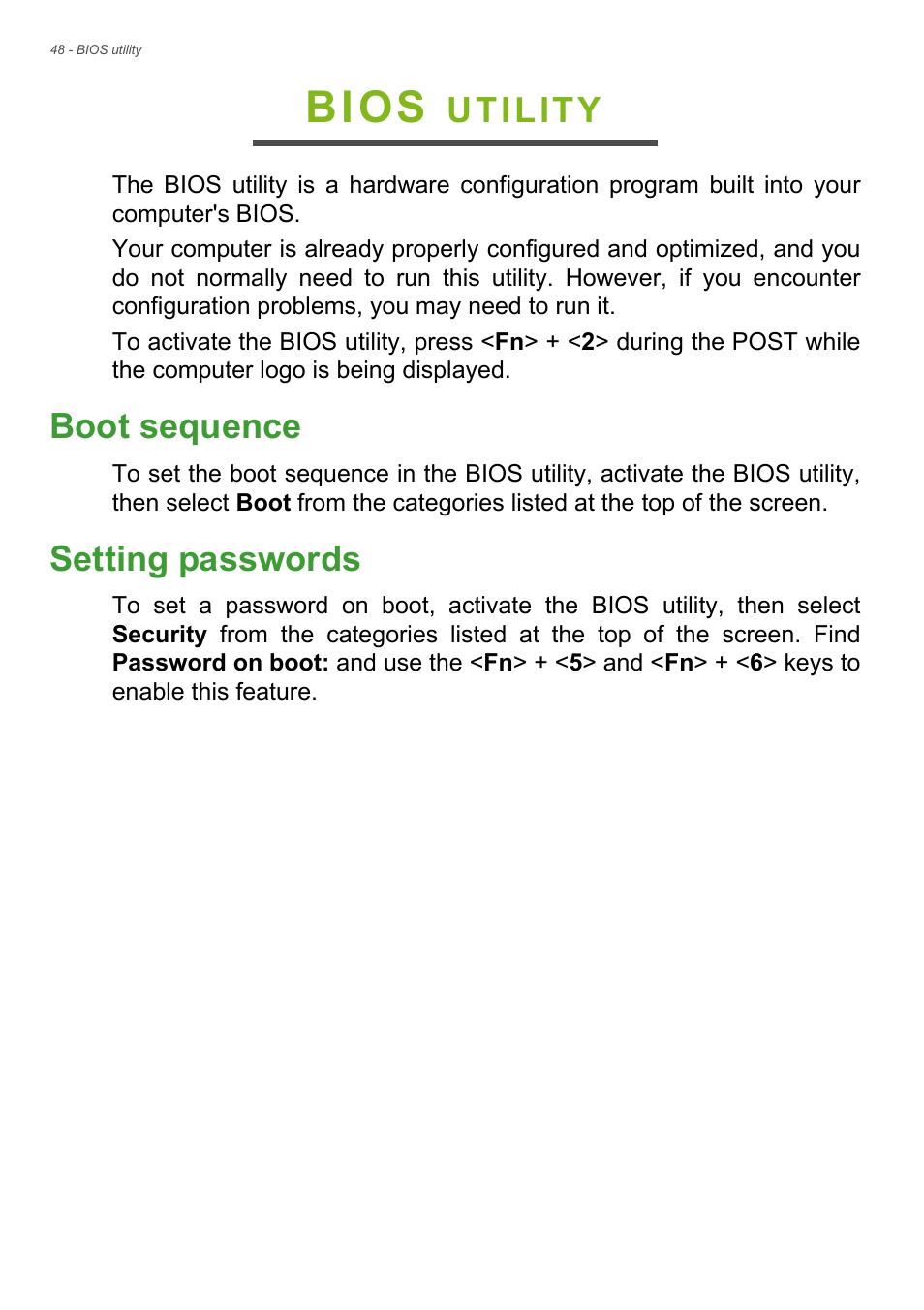 Bios utility, Boot sequence, Setting passwords | Boot sequence setting passwords, Bios, Utility | Acer Aspire S3-392 User Manual | Page 48 / 91