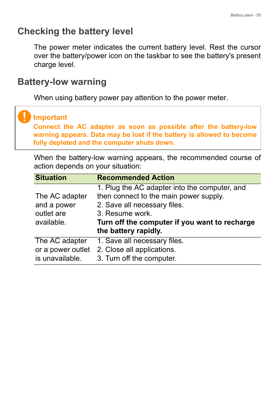 Checking the battery level, Battery-low warning, Checking the battery level battery-low warning | Acer Aspire S3-392 User Manual | Page 55 / 91