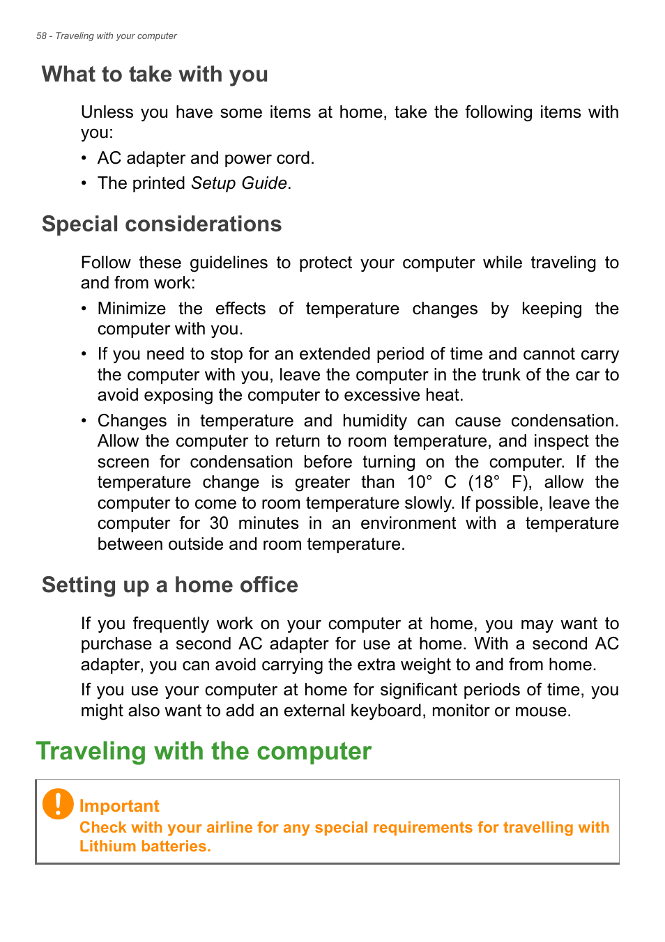 What to take with you, Special considerations, Setting up a home office | Traveling with the computer | Acer Aspire S3-392 User Manual | Page 58 / 91