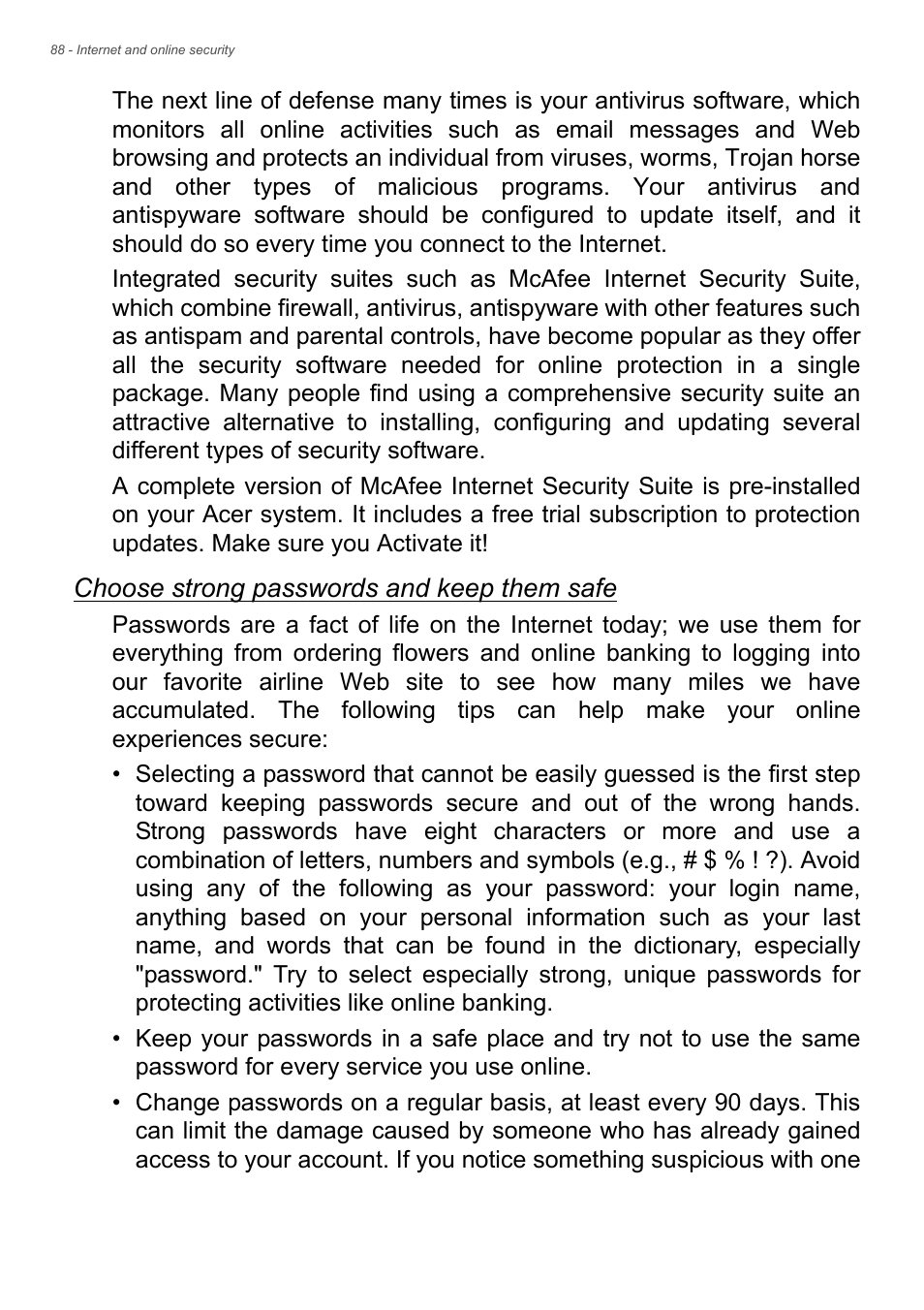 Choose strong passwords and keep them safe | Acer Aspire S3-392 User Manual | Page 88 / 91