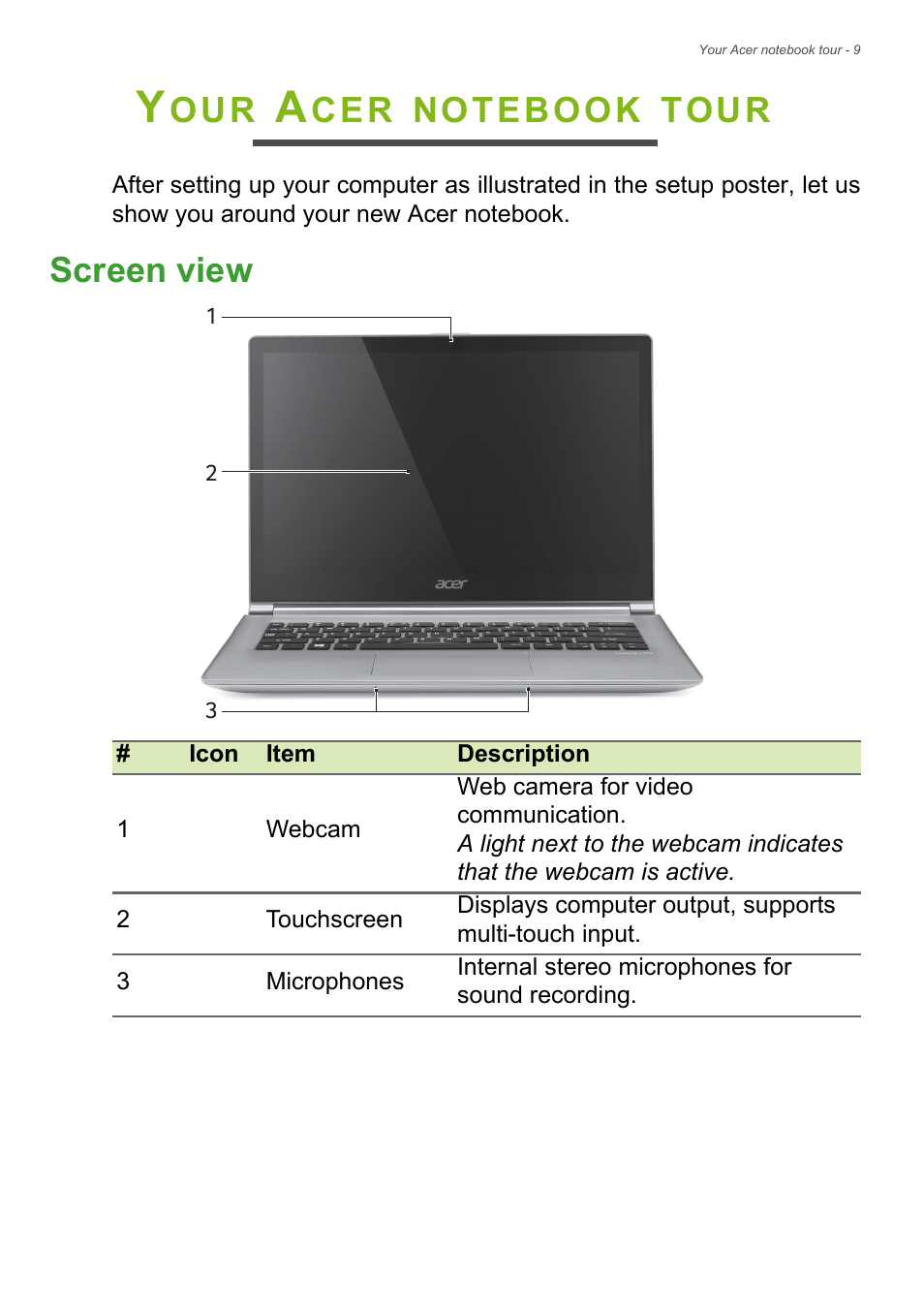 Your acer notebook tour, Screen view, Tour | Acer Aspire S3-392 User Manual | Page 9 / 91