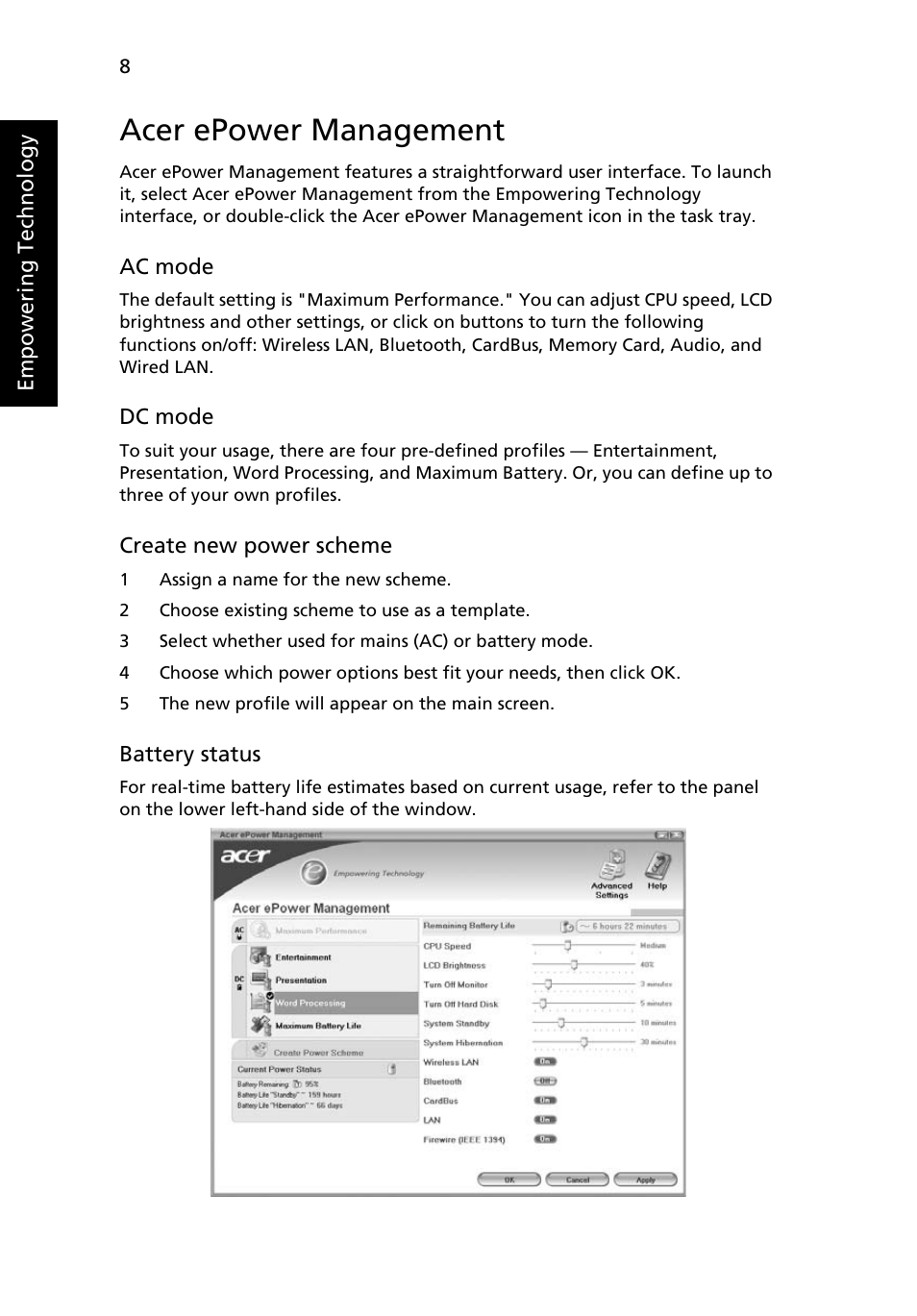 Acer epower management | Acer TravelMate 3020 User Manual | Page 18 / 88