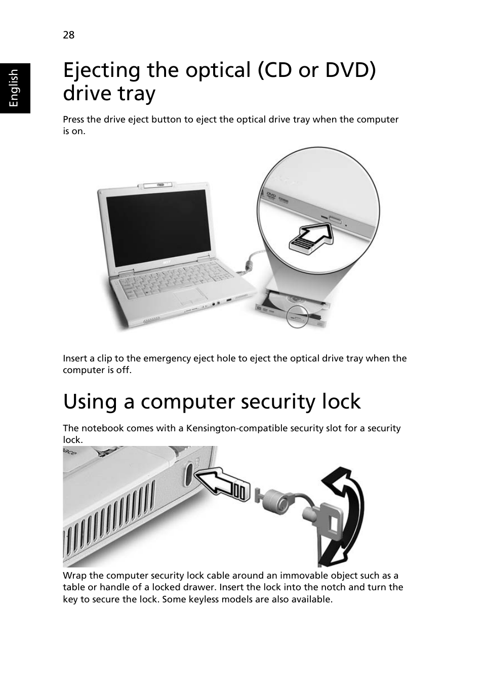 Ejecting the optical (cd or dvd) drive tray, Using a computer security lock | Acer TravelMate 3020 User Manual | Page 38 / 88