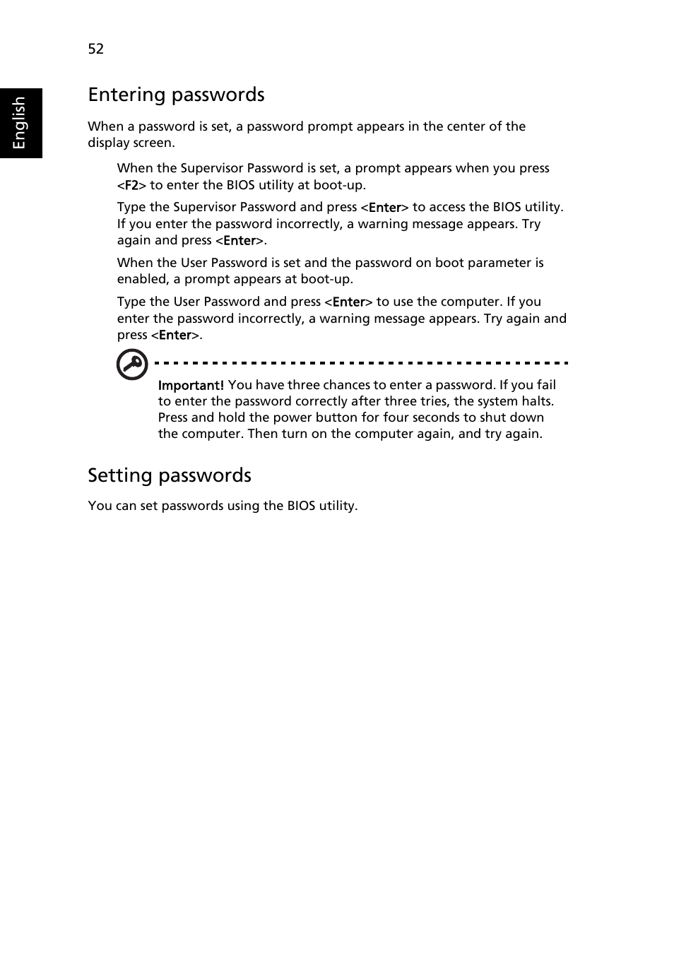 Entering passwords, Setting passwords | Acer TravelMate 3020 User Manual | Page 62 / 88