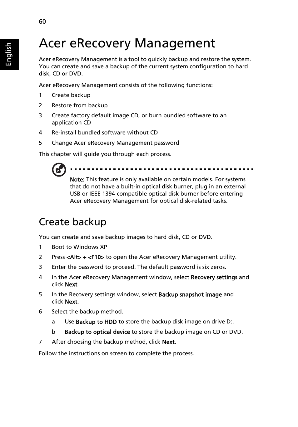 Acer erecovery management, Create backup | Acer TravelMate 3020 User Manual | Page 70 / 88