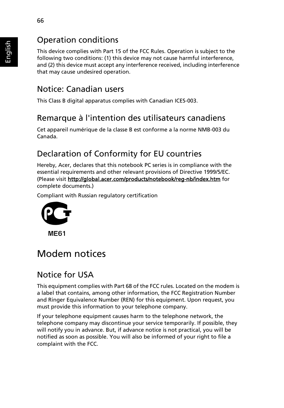 Modem notices, Operation conditions, Notice: canadian users | Remarque à l'intention des utilisateurs canadiens, Declaration of conformity for eu countries, Notice for usa | Acer TravelMate 3020 User Manual | Page 76 / 88