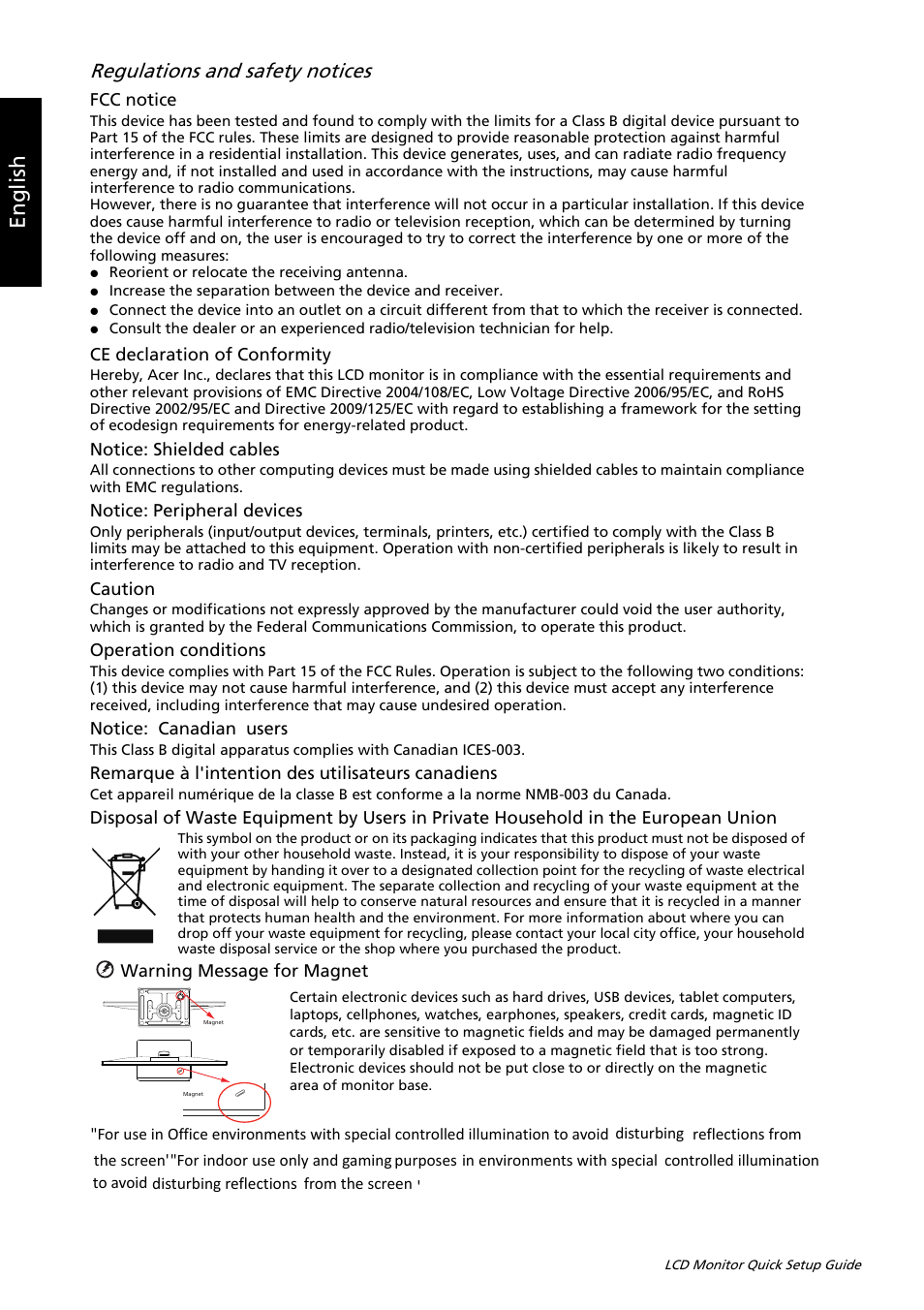 Eng lis h, Regulations and safety notices | Acer H226HQL User Manual | Page 2 / 2