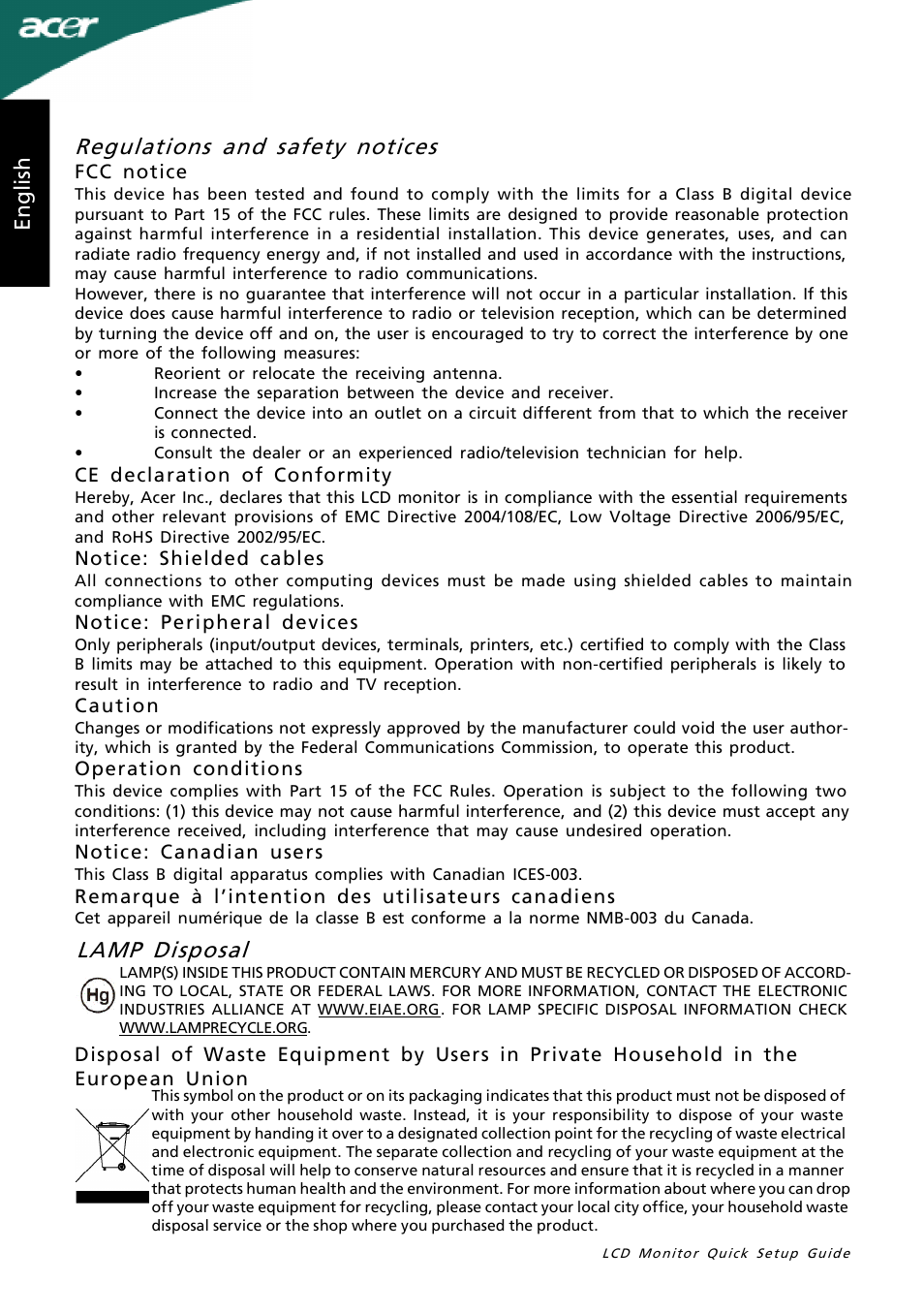 Lamp disposal, Regulations and safety notices, En gl is h | Acer G215H User Manual | Page 2 / 2